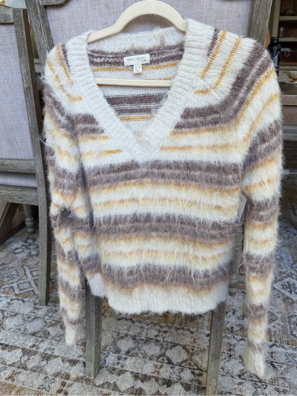 See U Soon Fuzzy Striped V-Neck Sweater S/M
